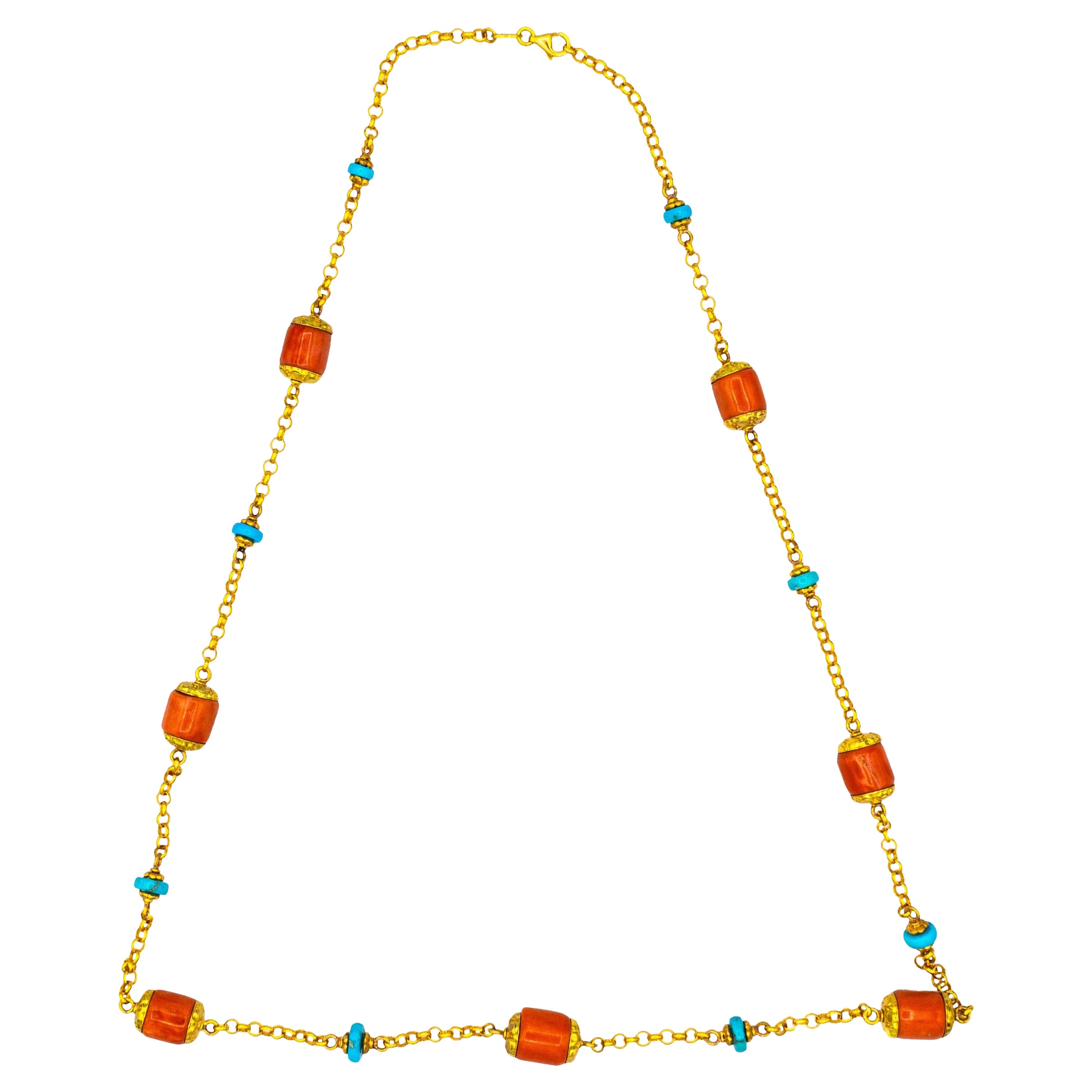 Collana in stile Art Nouveau realizzata a mano con corallo pesca e turchese in oro giallo