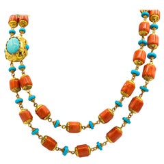 Collana in stile Art Nouveau realizzata a mano con corallo pesca e turchese in oro giallo