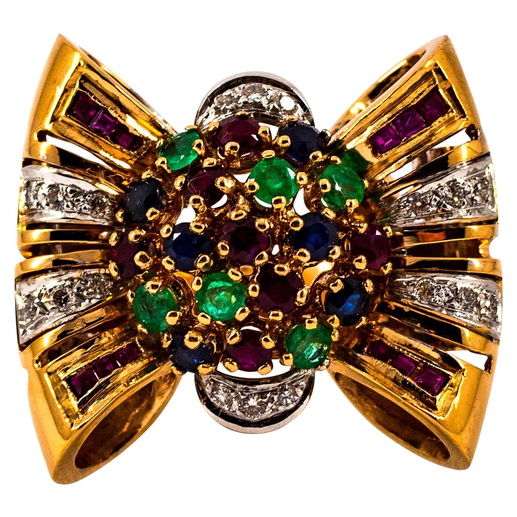 Art Nouveau Esmeralda Rubí Azul Zafiro Blanco Diamante Oro Amarillo Anillo de Cóctel