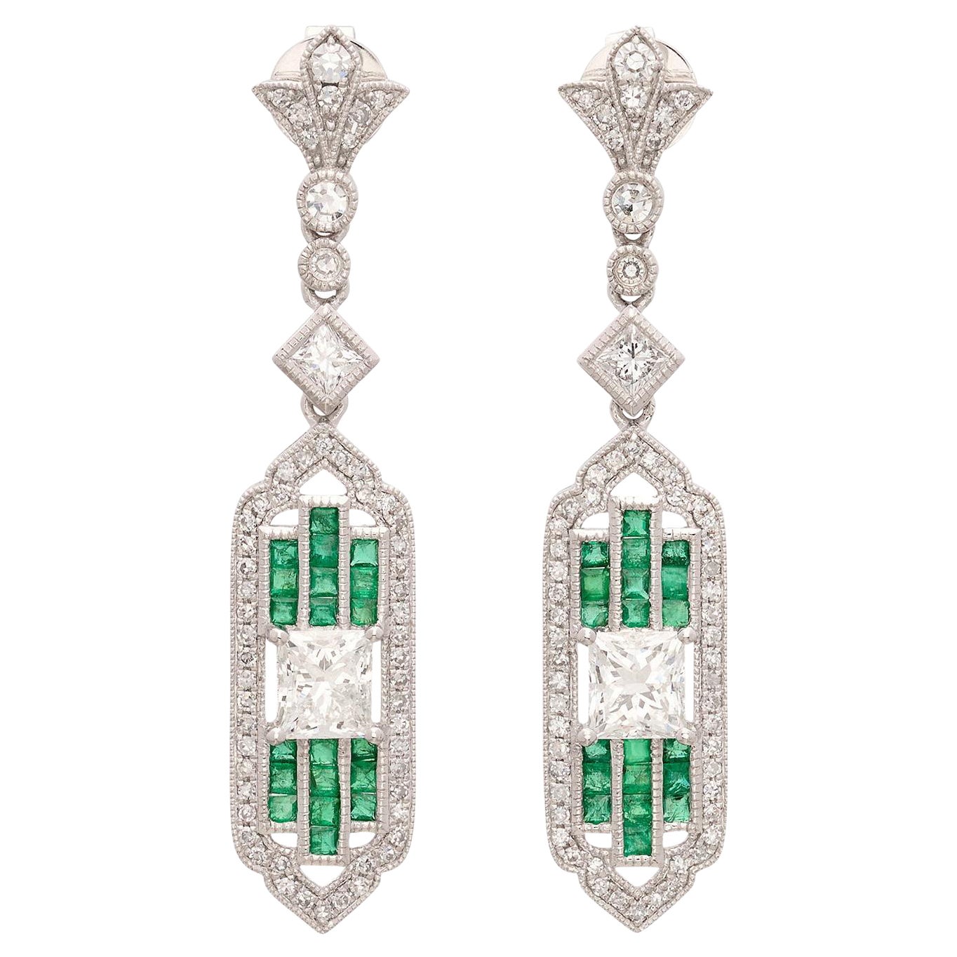 Art Deco Style Diamond & Emerald Dangle Earrings