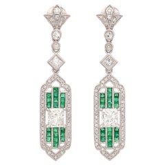 Art Deco Style Diamond & Emerald Dangle Earrings