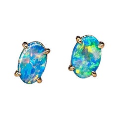Minimalist Bright Australian Doublet Opal Oval Stud Earrings 14K Yellow Gold