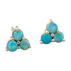 Minimalist Three Stone Australian Doublet Opal Stud Earrings 14K Yellow Gold