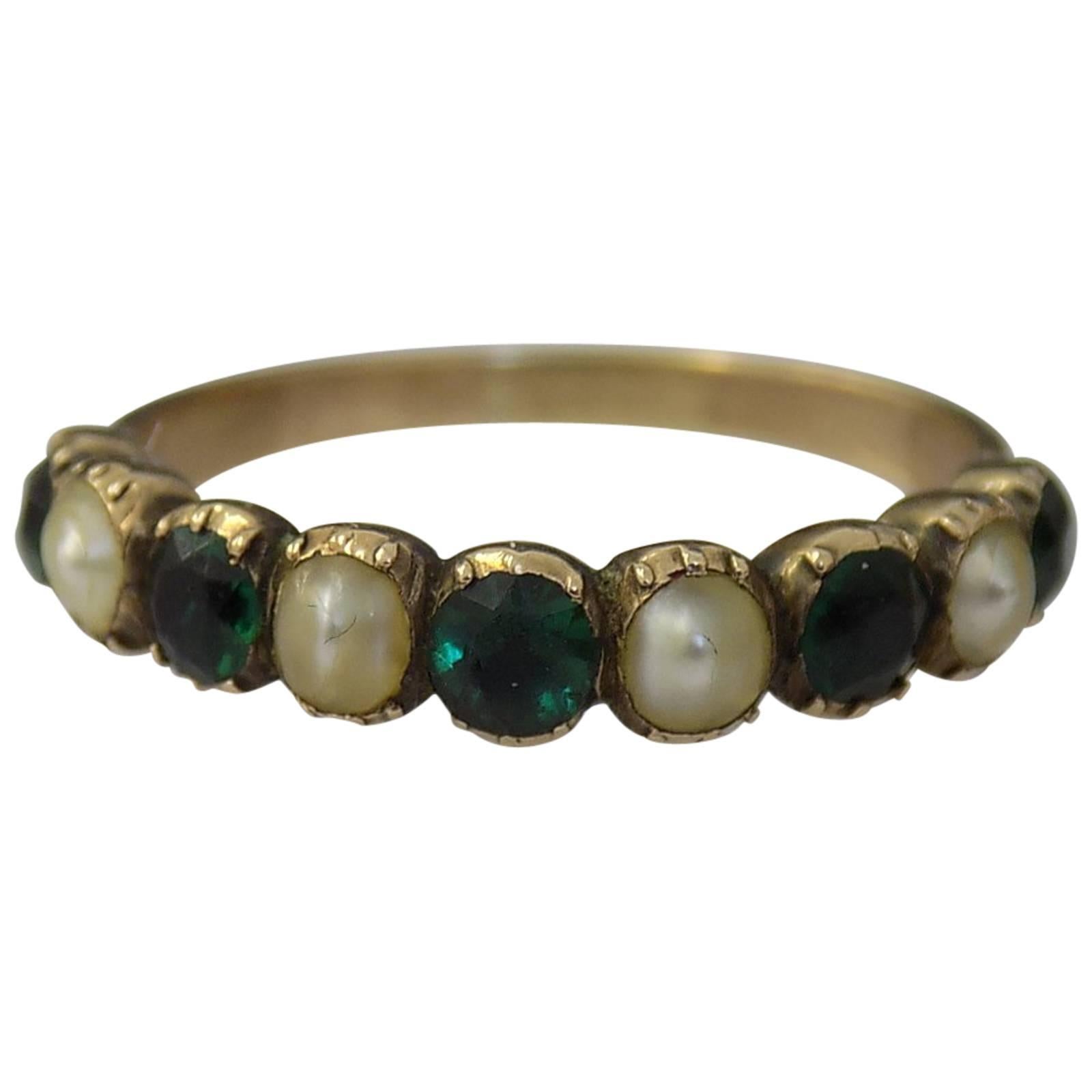 15K Georgian Gold Emerald Paste and Pearl Ring