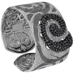 Alex Soldier Black Spinel Silver Platinum Textured Pattern Hinged Cuff Bracelet 6
