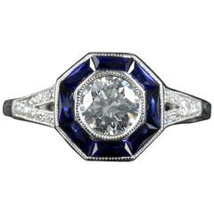 Antique Art Deco Diamond Sapphire Ring 18 Carat White Gold Engagement Ring