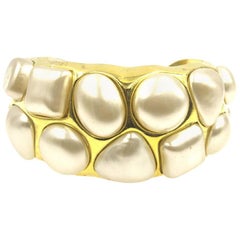 Vintage Chanel Gold Tone Faux Pearl Wide Cuff Bracelet