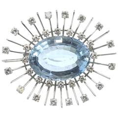 1960s 18 Carat Aquamarine Diamond White Gold Sputnik Spray Pin Brooch