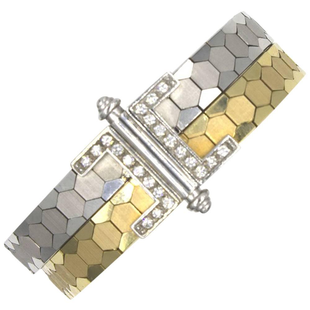Vintage 18 Karat Two-Tone Textured Gold Diamond Clasp Bracelet