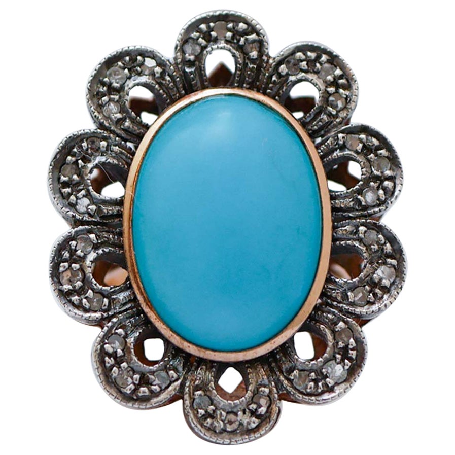 Turquesa, diamantes, oro rosa de 14 quilates y anillo de plata.