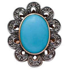 Turquoise, Diamonds, 14 Karat Rose Gold and Silver Ring.