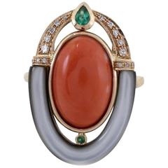  Diamonds Emerald Mother-of-Pearl Coral Fashion Gold Ring