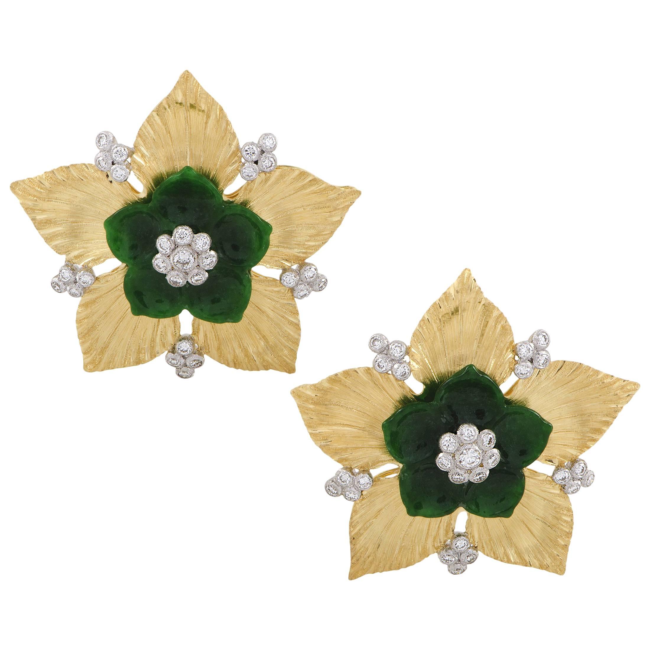 Buccellati Diamond and Jade Yellow and White Gold Flower Earrings
