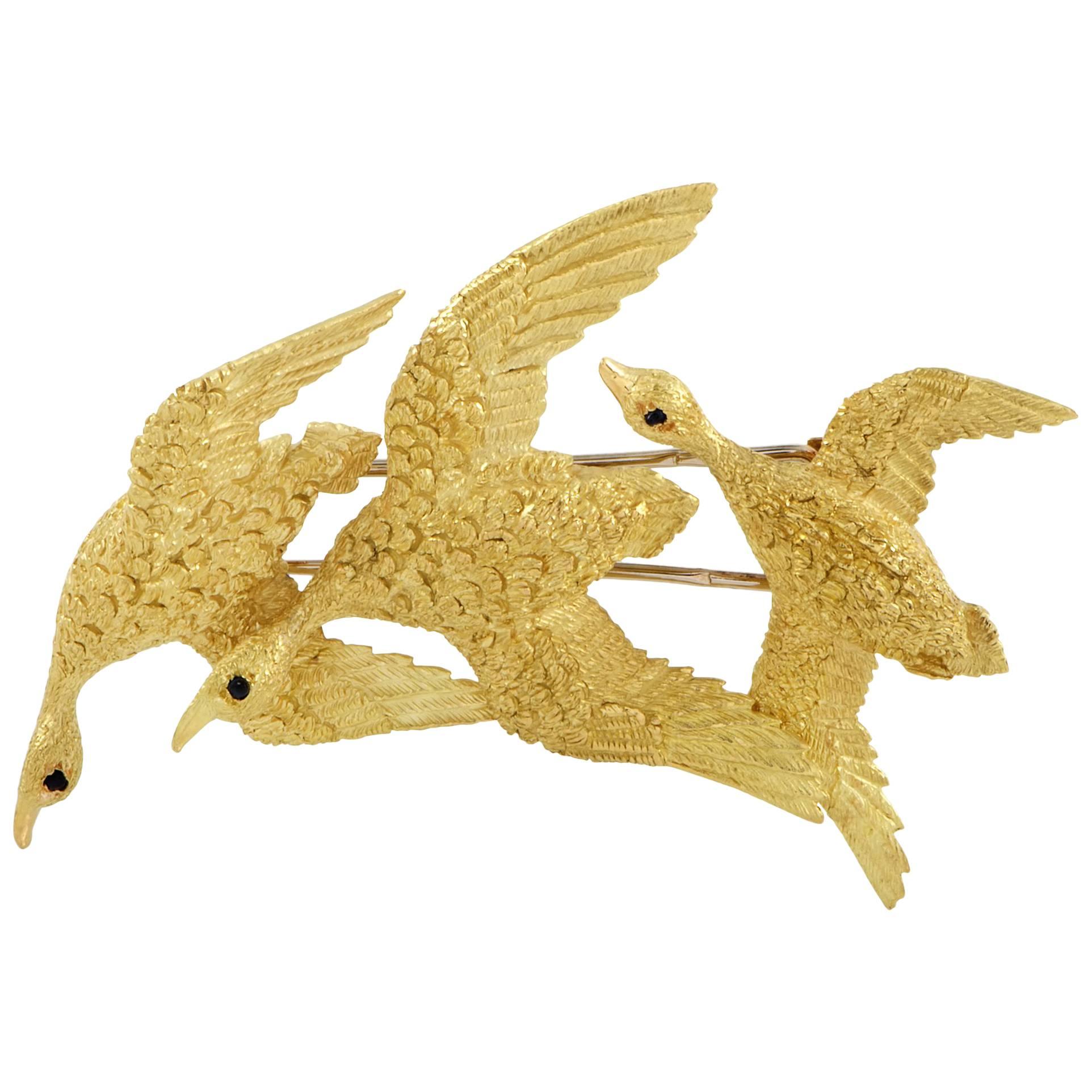 Hermes 1950s Sapphire and Yellow Gold Flock of Geese Brooch