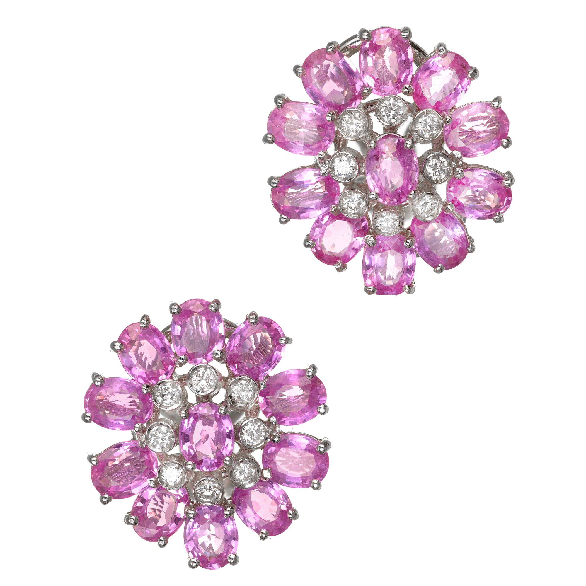 GIA Certified 11.33 Carat Pink Sapphire Diamond White Gold Cluster Earrings For Sale