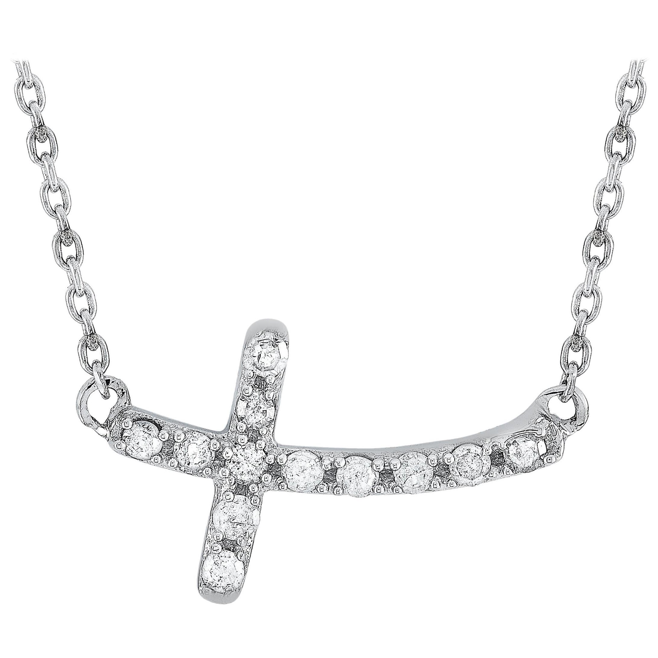 LB Exclusive 14 Karat White Gold 0.12 Carat Diamond Small Cross Pendant Necklace