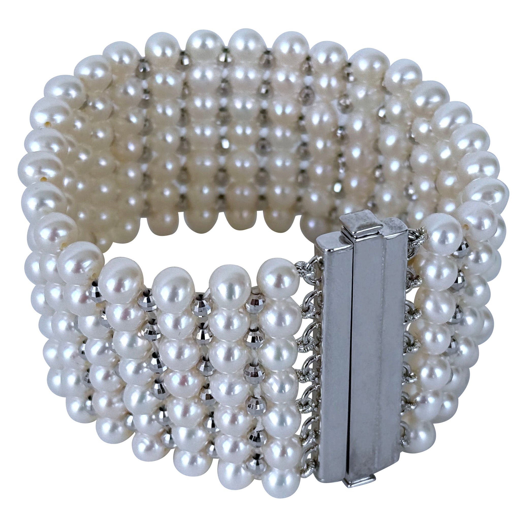 Marina J. Pearl Woven Bracelet with Faceted Silver - Rhodium Plated Beads