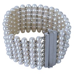 Marina J. Pearl Woven Bracelet with Faceted Silver - Rhodium Plated Beads