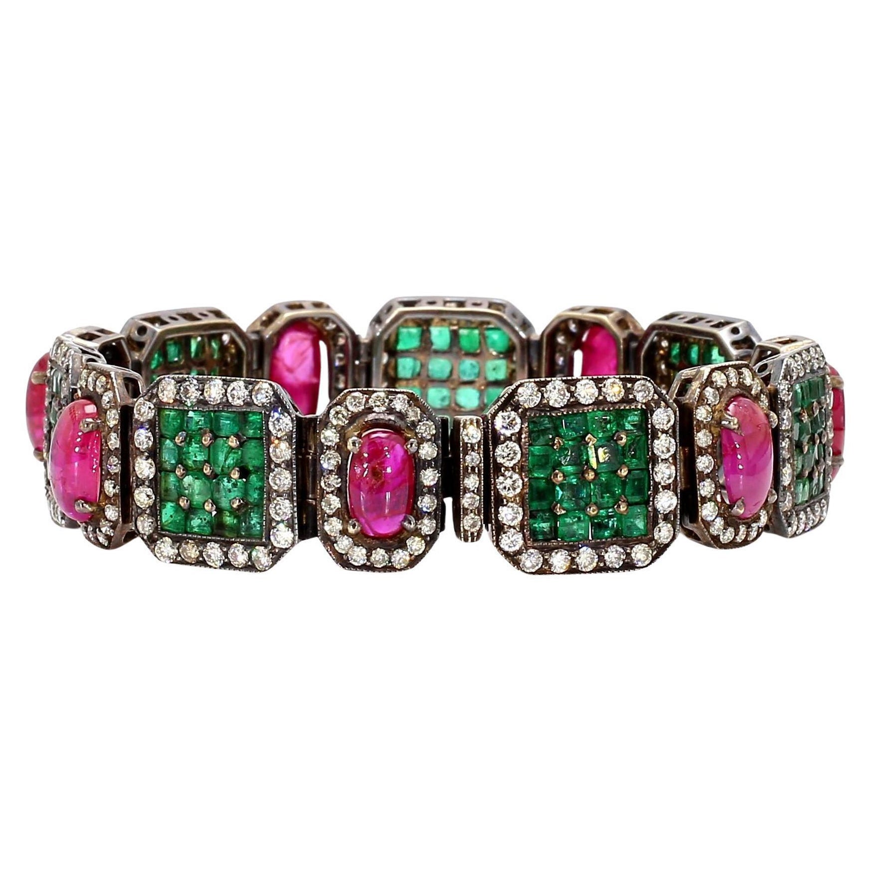 Natural Emerald and Unheated Burmese Ruby and Diamond Victorian Bracelet