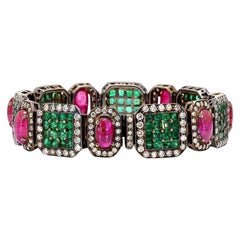 Bracelet victorien en émeraude naturelle, rubis de Birmanie non chauffé et diamants