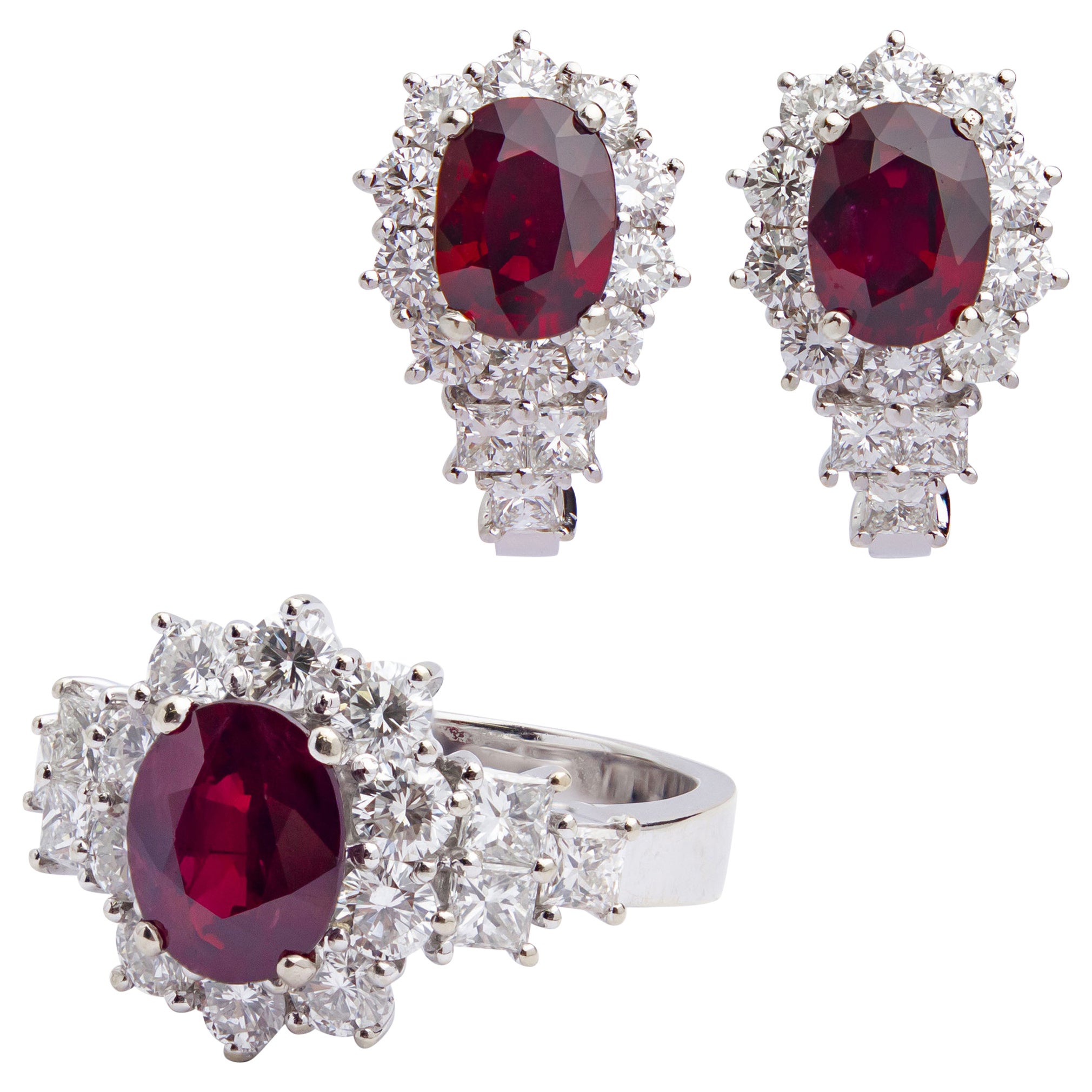 18 Karat White Gold, Ruby & Diamond Earring & Ring Suite