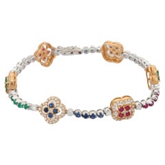 Unique Ruby Sapphire Emerald Clover Charm Bracelet in 18k Solid Yellow Gold