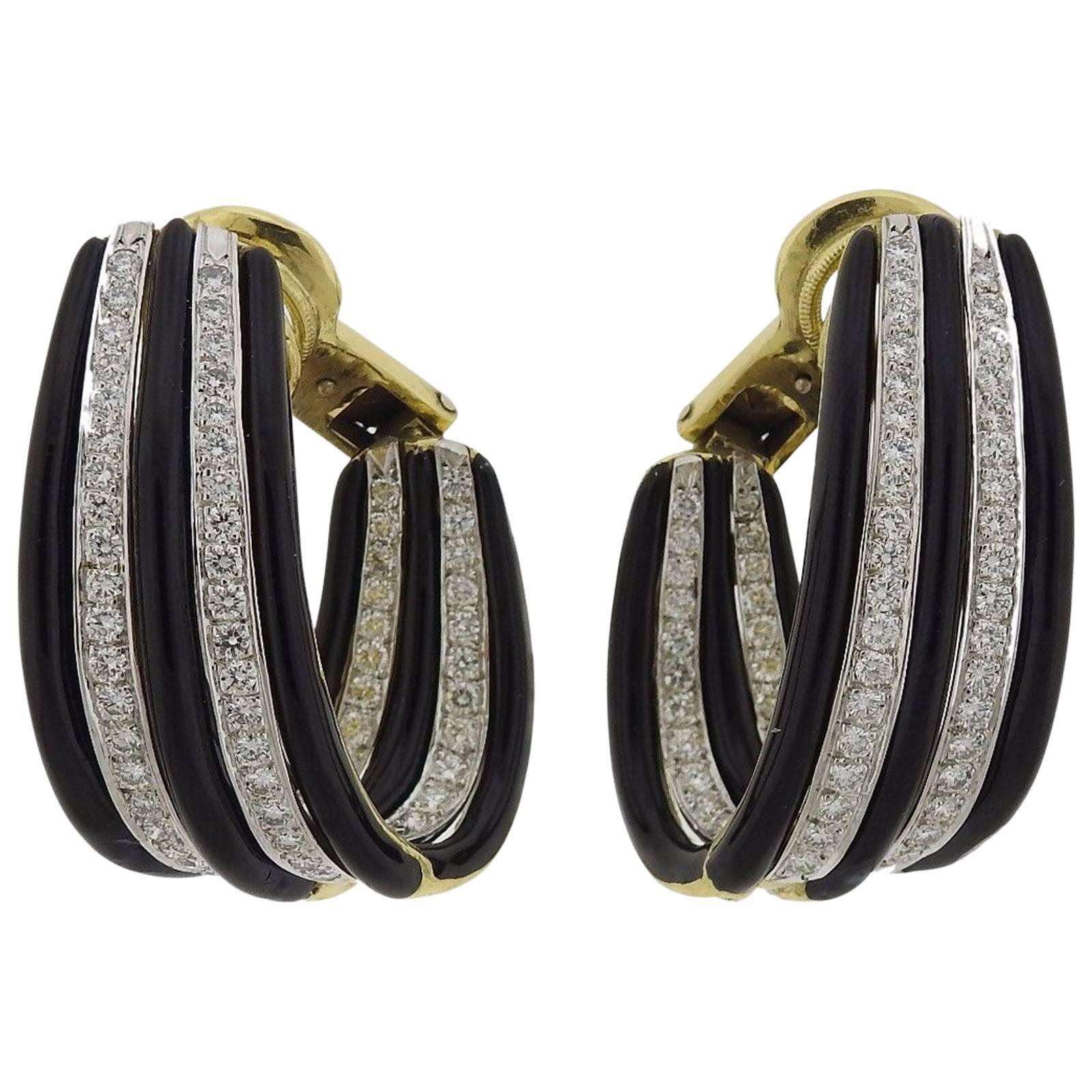 1980s Emis Gold Enamel Diamond Hoop Earrings