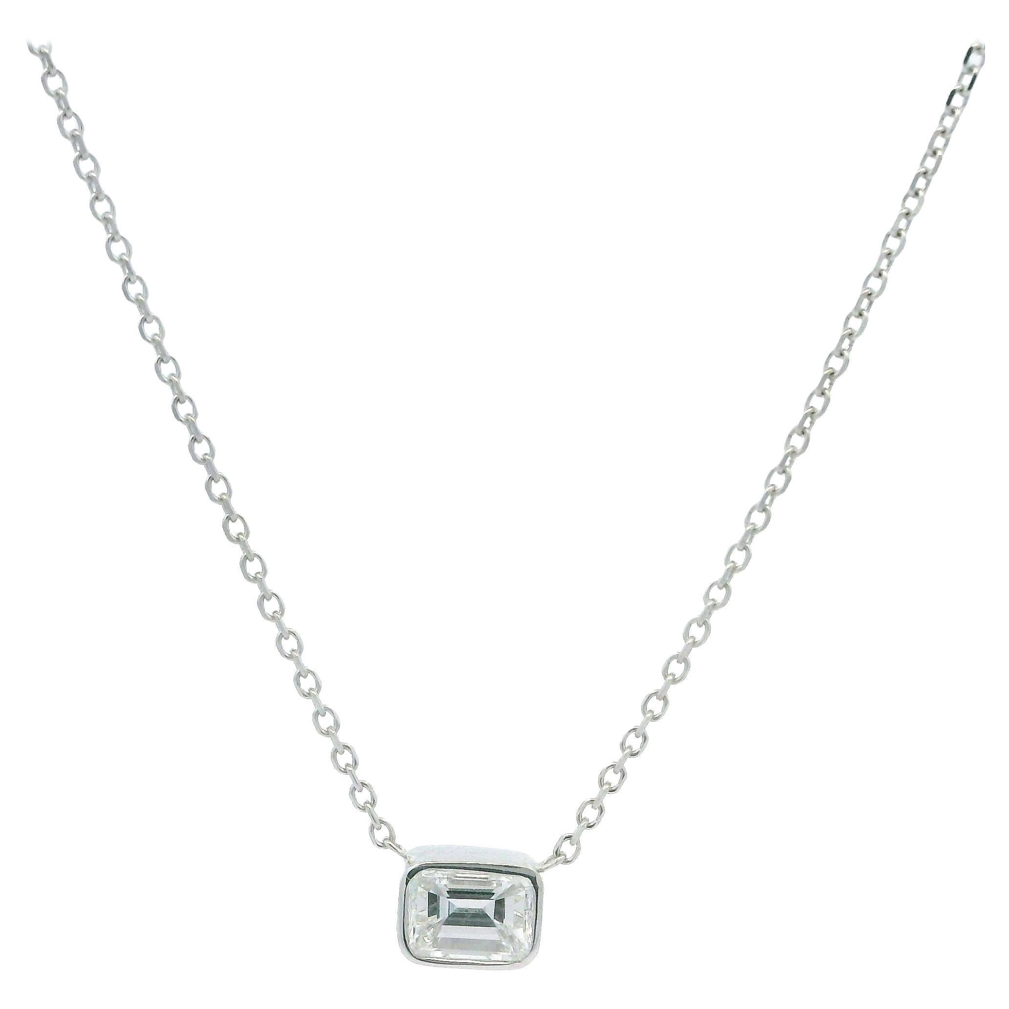 NEW 14k White Gold 0.33ctw Bezel Emerald Cut Diamond Pendant Necklace For Sale