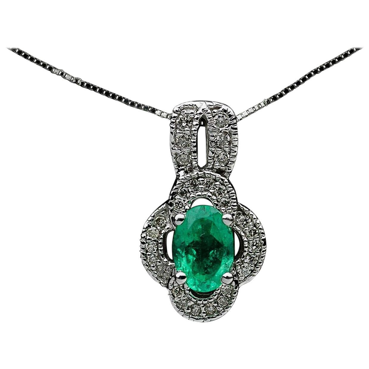 White Gold Oval Emerald and Diamond Scalloped Halo Pendant Necklace