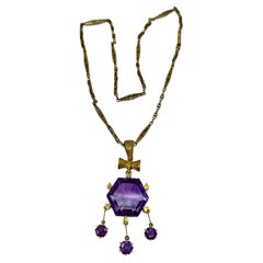 Hexagonal Siberian Amethyst Pendant Necklace Antique Victorian 14 Karat Gold