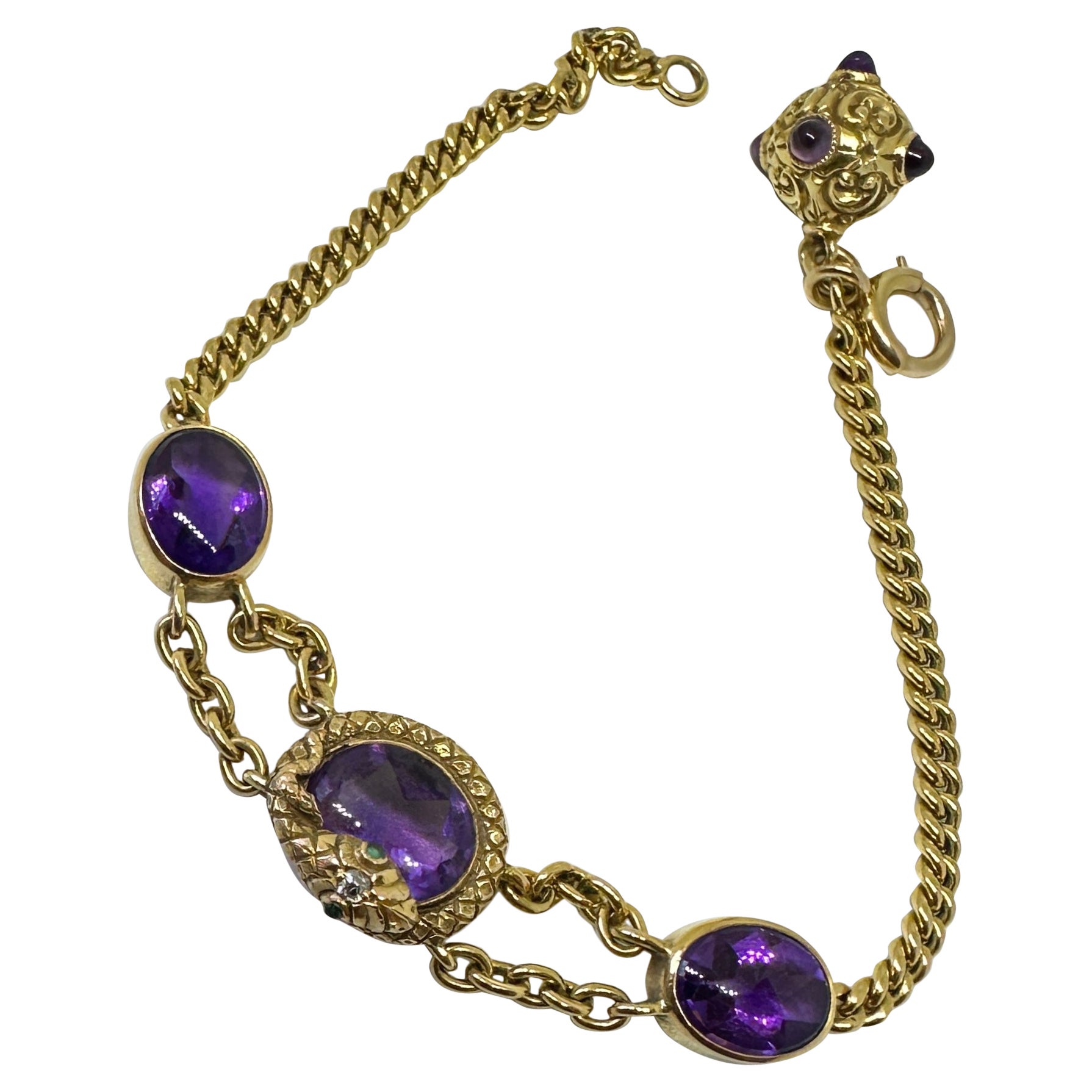 Victorian Amethyst Emerald Diamond Snake Bracelet Fob 14 Karat Gold Antique