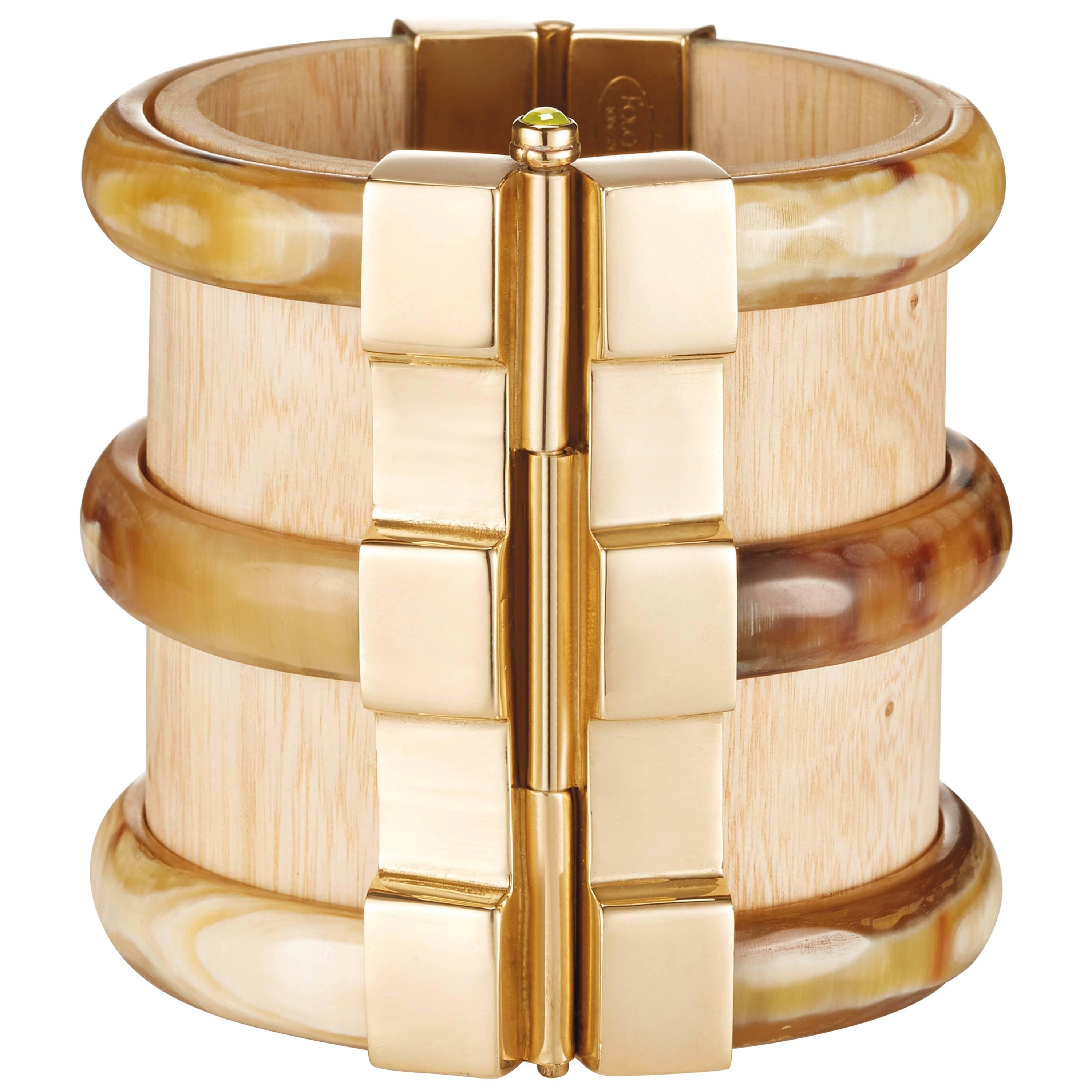 Fouche Bespoke Diana Vreeland Horn Wood Fire Opal Emerald Gold Cuff Bracelet For Sale