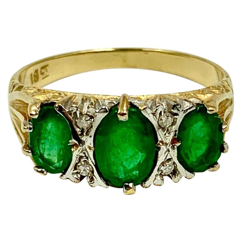 Estate Emerald Diamond 18K Yellow and White Gold Three Stone Ring