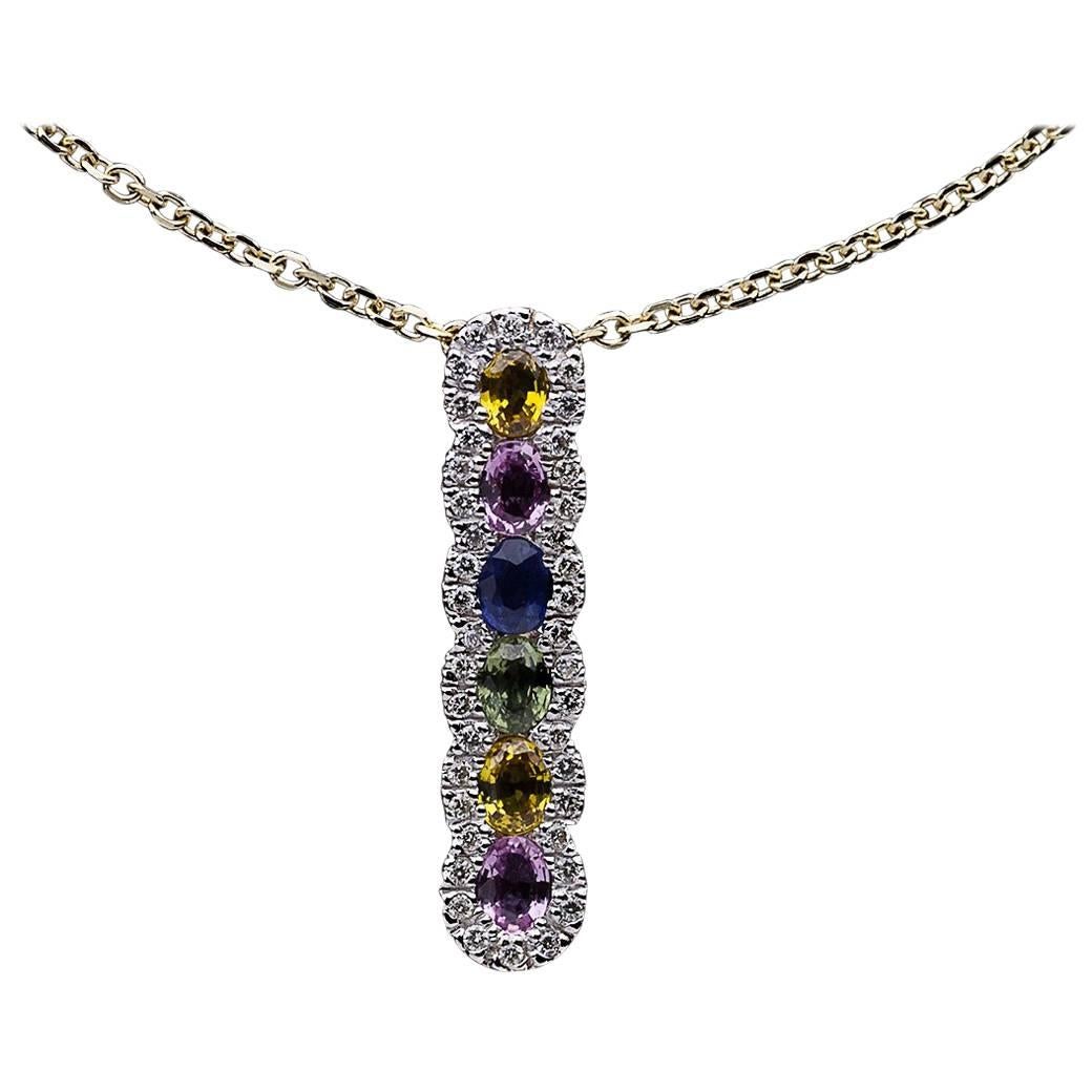 Yellow and White Gold Multi-Color Sapphire and Diamond Halo Pendant Necklace