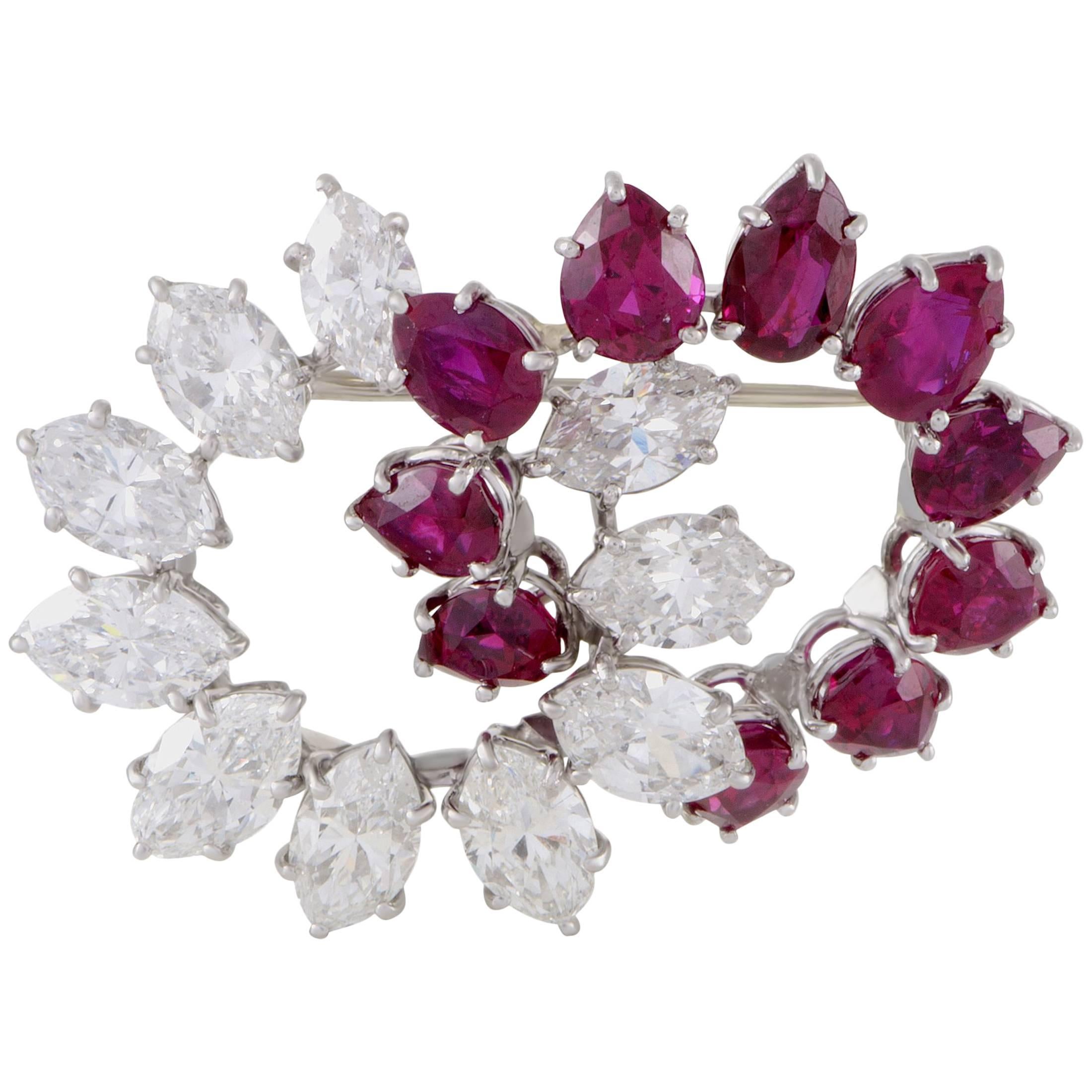 Marquise Diamond and Pear Shaped Ruby Platinum Brooch