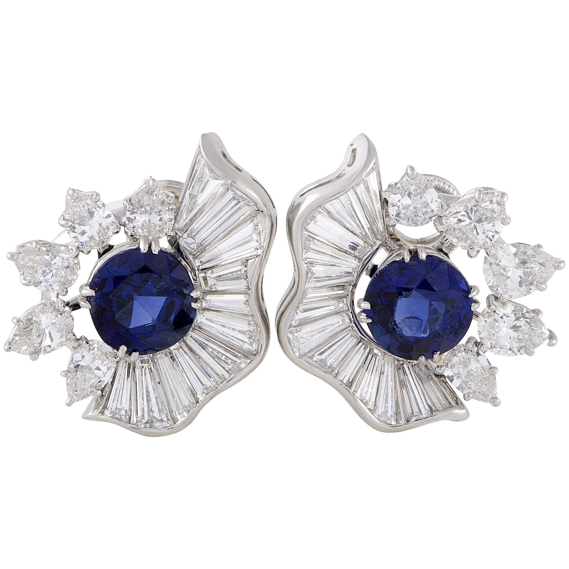 Diamond and Blue Sapphire Platinum Clip-On Earrings