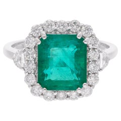 Esmeralda de Zambia Anillo de Cóctel SI Claridad HI Color Diamante 14 Kilates Oro Blanco
