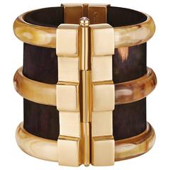 Fouche Bespoke Diana Vreeland Horn Emerald Opal Ruby Wood Gold Cuff Bracelet