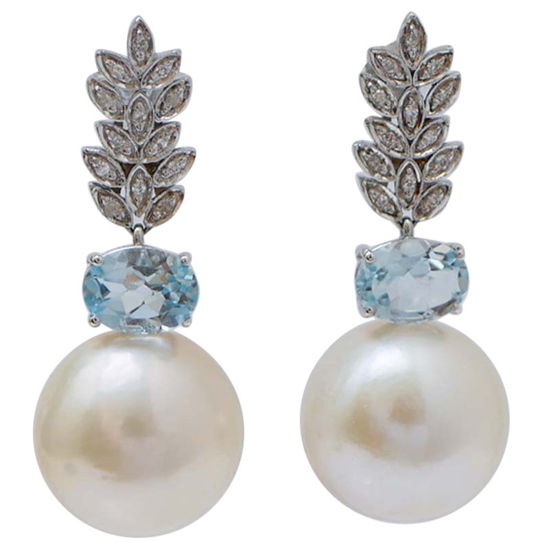 Pendientes Perlas Blancas 14 Mm, Topacio Color Aguamarina, Diamantes, Oro Blanco 14 Kt