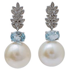 14 Mm White Pearls, Aquamarine Colour Topaz, Diamonds, 14 Kt White Gold Earrings