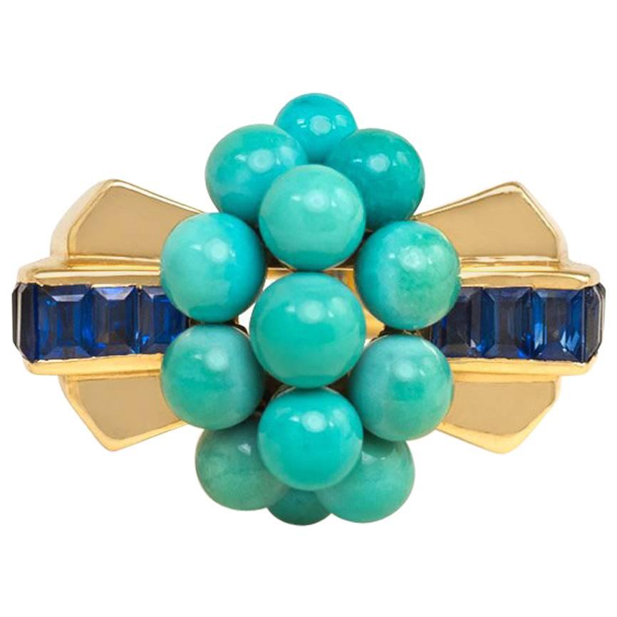 Retro Mauboussin Gold, Turquoise and Sapphire Ring