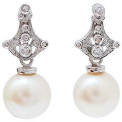 10 Mm White Pearls, Diamonds, 14 Karat White Gold Earrings.