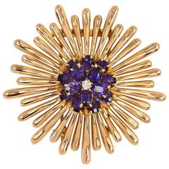 Retro Tiffany & Co Gold, Amethyst and Diamond Brooch