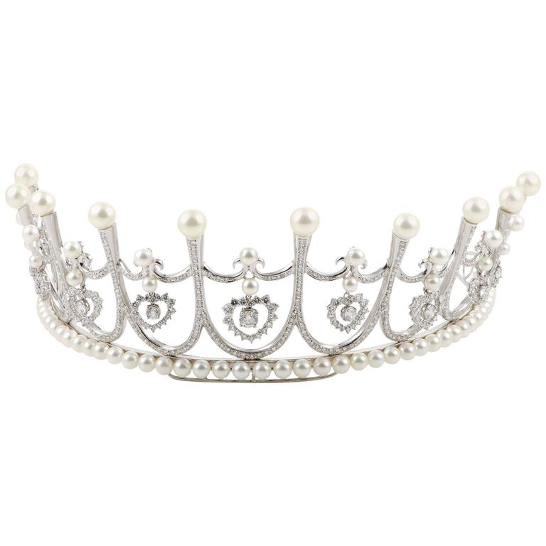Diamond and Pearl White Gold Tiara at 1stDibs