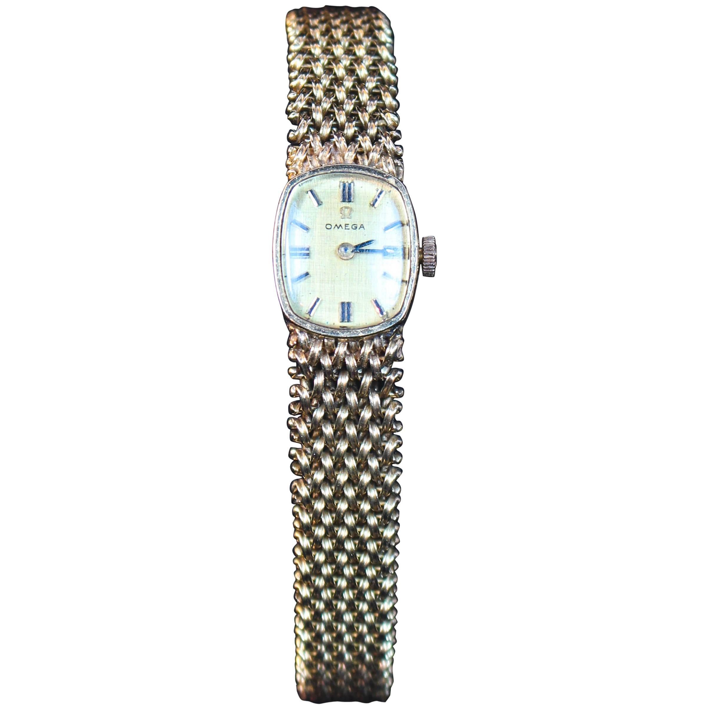 Omega Lady's Yellow Gold Woven Wristwatch For Sale
