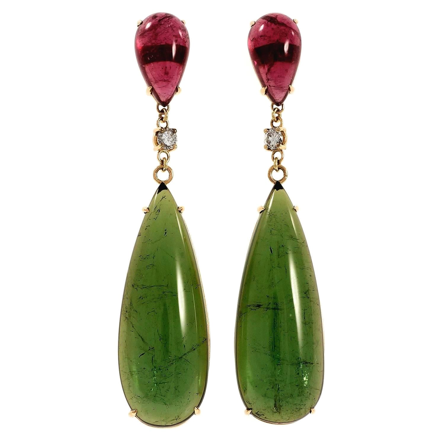 Peter Suchy Pear Shaped Pink Green Tourmaline Diamond Gold Dangle Earrings For Sale