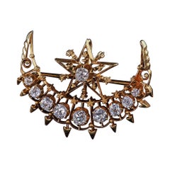 Antique Victorian 18K Yellow Gold Old Mine Diamond Celestial Crescent Pin Brooch