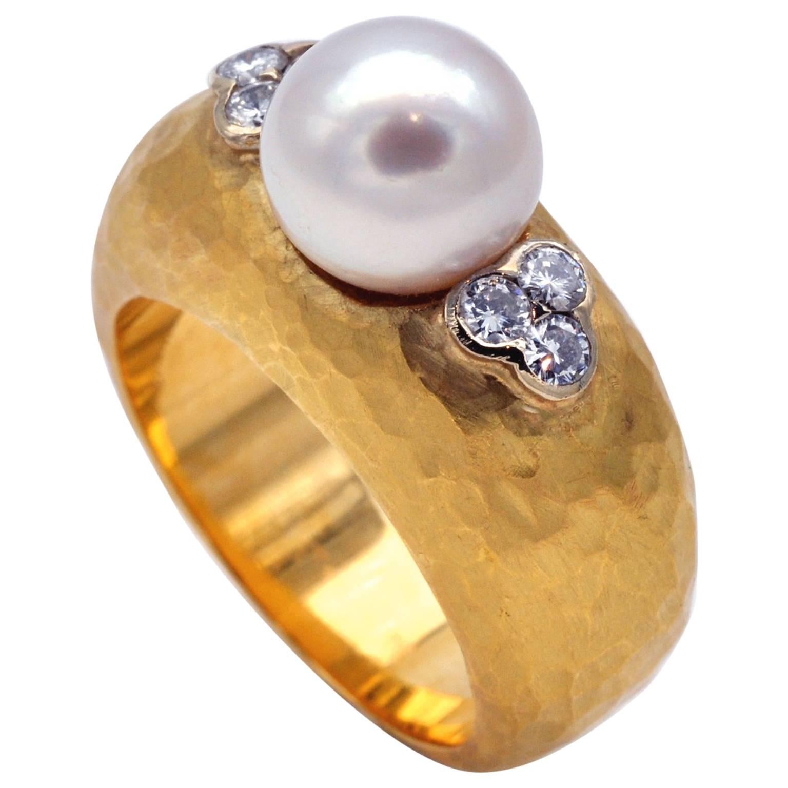 Women's Diamond and Pearl Hammered Gold Cocktail Ring For Sale