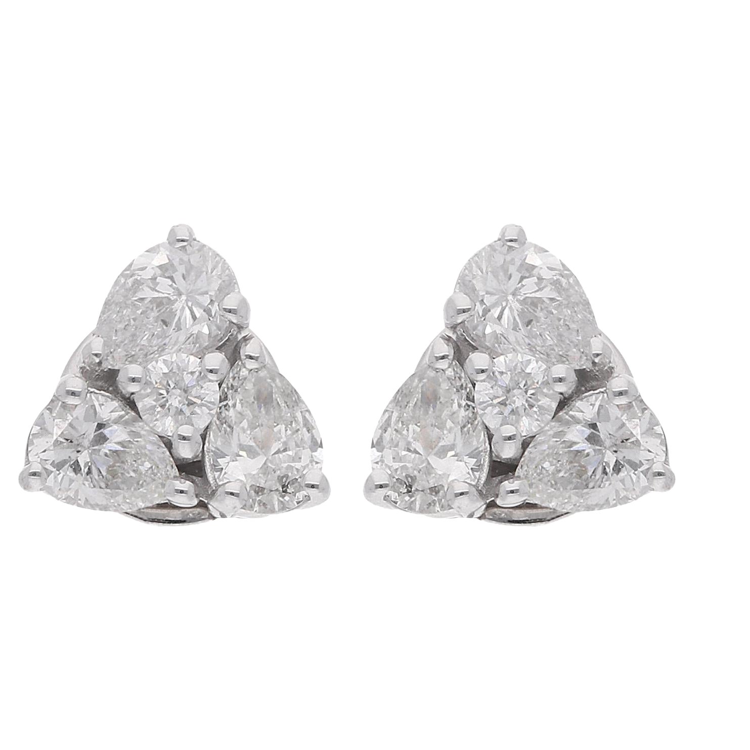 1.39 Carat SI Clarity HI Color Pear Round Diamond Stud Earrings 18k White Gold