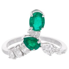 Oval Pear Natural Emerald Gemstone Ring Diamond 18 Karat White Gold Fine Jewelry
